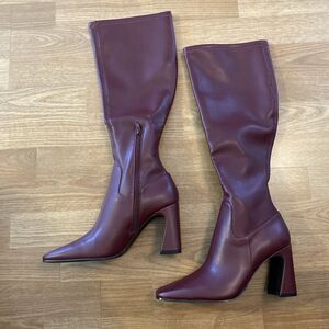 Steve Madden Womens Lamarca Knee High Block-Heel Stretch Boots Burgundy 8 New